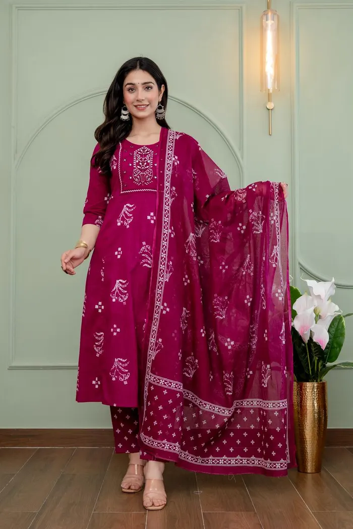 Premium 60/60 Cotton Top Bottom Dupatta Set | TS3138