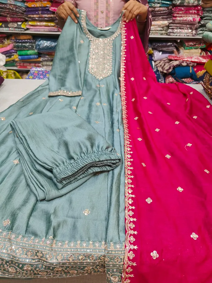 Premium Vichitra Silk Long Anarkali Top Bottom Dupatta Set | TS3739
