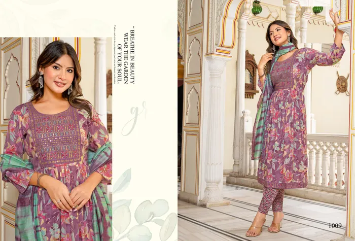 Cotton Nayra cut Top Bottom Dupatta set  | TS3108