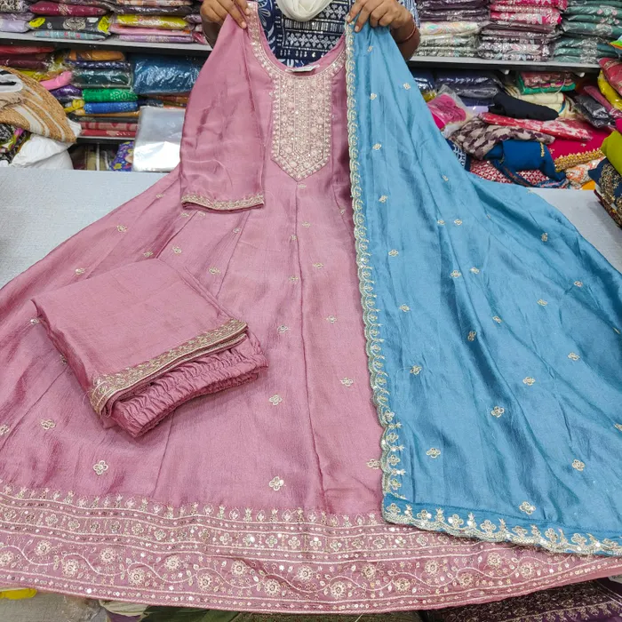 Premium Vichitra Silk Long Anarkali Top Bottom Dupatta Set | TS3746