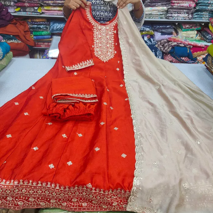 Premium Vichitra Silk Long Anarkali Top Bottom Dupatta Set | TS3748