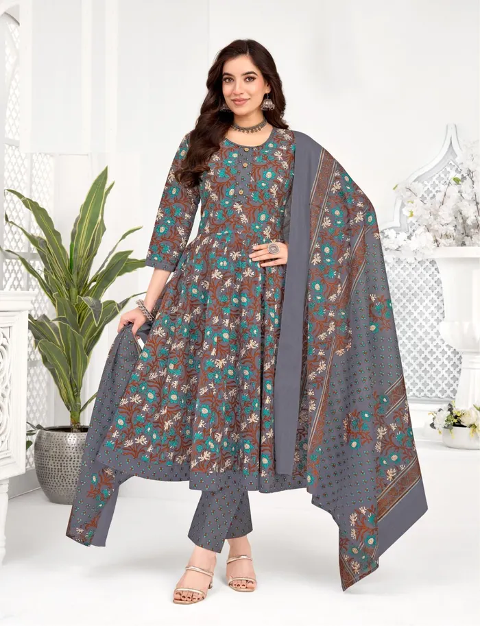 Pure Cotton Anarkali Top Bottom Dupatta Set | TS3335