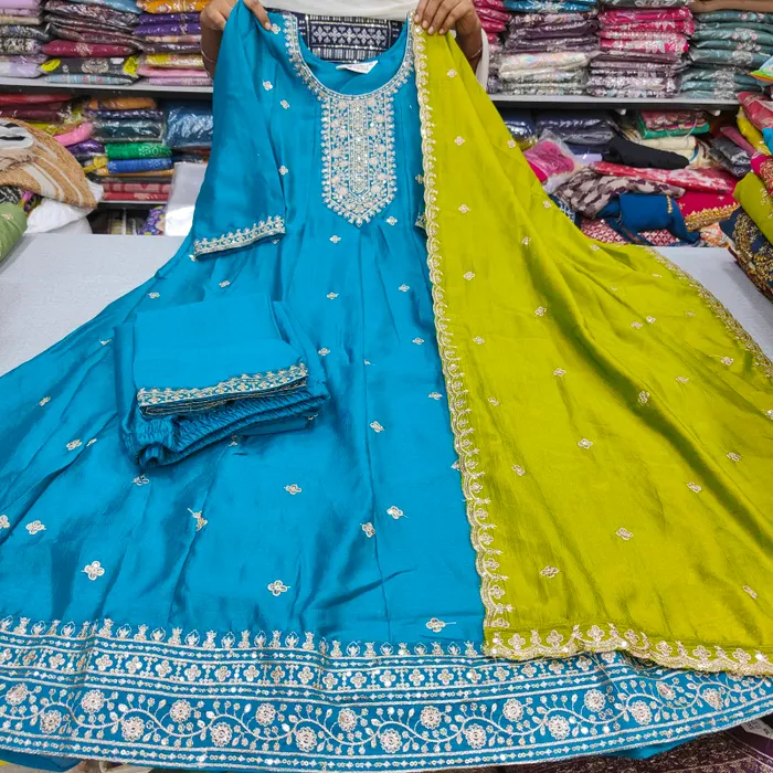 Premium Vichitra Silk Long Anarkali Top Bottom Dupatta Set | TS3743
