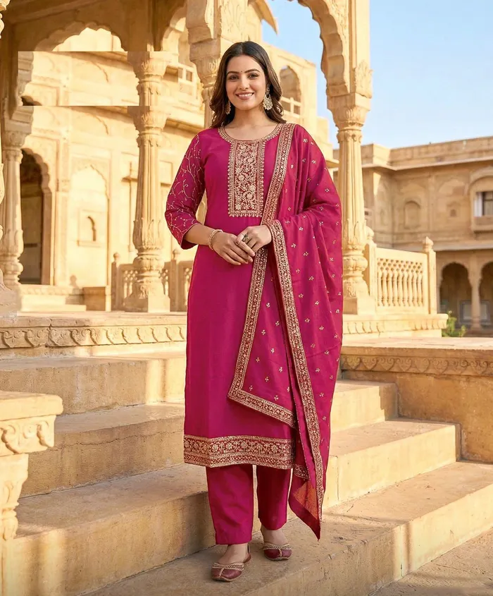 Roman Silk Straight Top Bottom Dupatta with fill sleeve work | TS3183