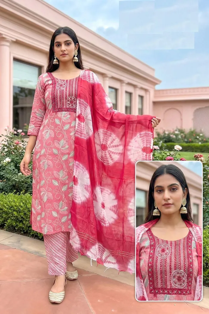 Capsule Cotton Straight Top Bottom Dupatta Set | TS3076