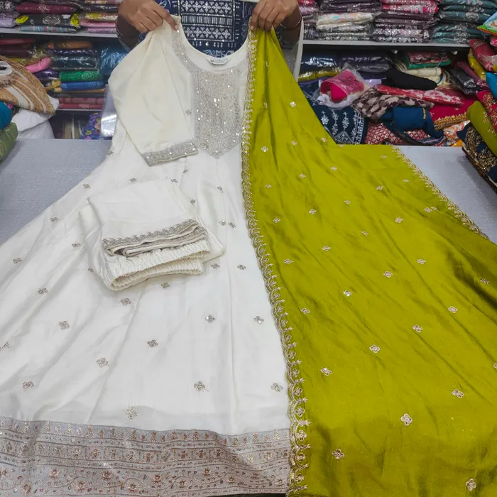Premium Vichitra Silk Long Anarkali Top Bottom Dupatta Set | TS3745