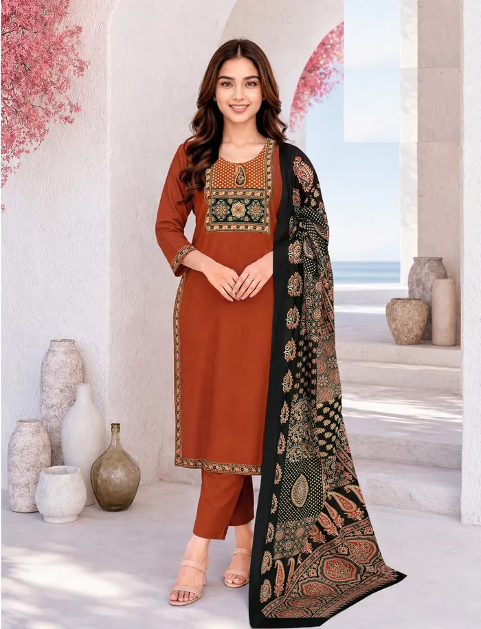 Cotton Rayon Side Cut Top Bottom Dupatta Set | TS3732