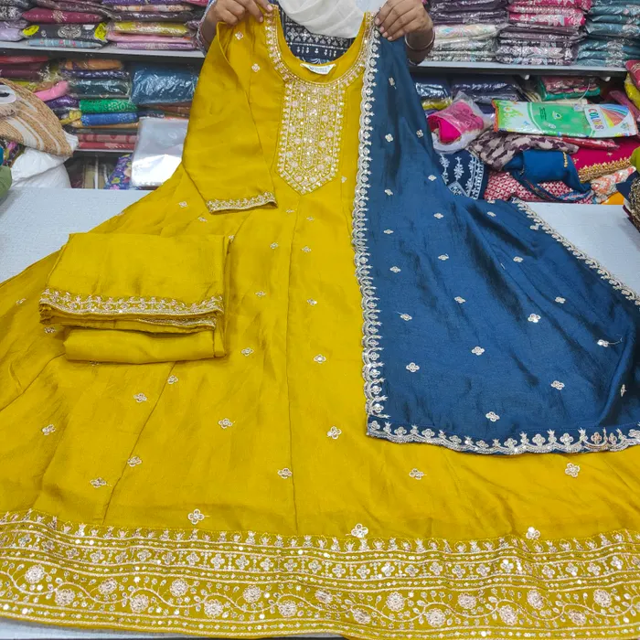 Premium Vichitra Silk Long Anarkali Top Bottom Dupatta Set | TS3738