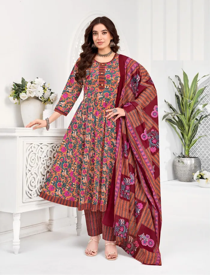 Pure Cotton Anarkali Top Bottom Dupatta Set | TS3329