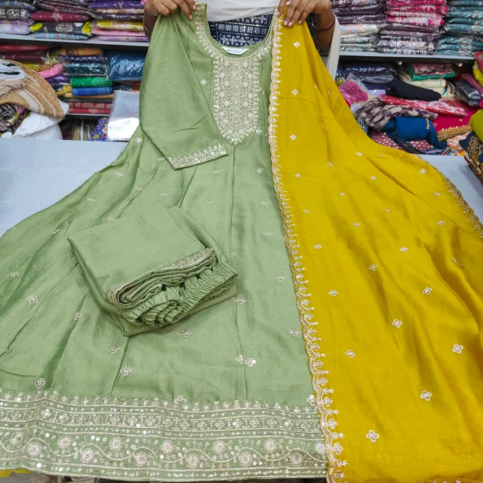 Premium Vichitra Silk Long Anarkali Top Bottom Dupatta Set | TS3742