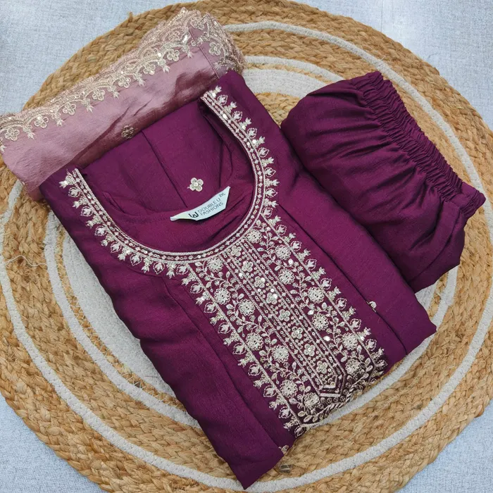 Premium Vichitra Silk Long Anarkali Top Bottom Dupatta Set | TS3741