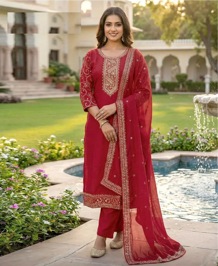 Roman Silk Straight Top Bottom Dupatta with fill sleeve work | TS3185