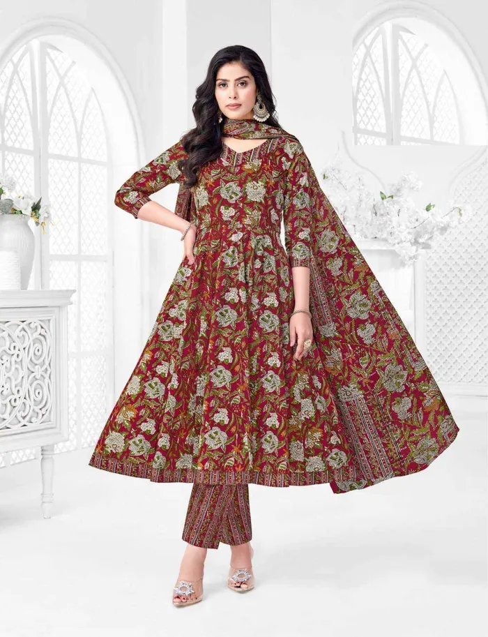 Premium Cotton Anarkali Top Bottom Dupatta Set | TS3354