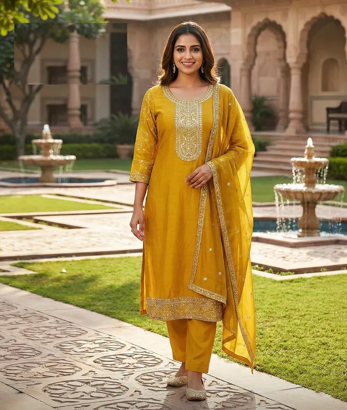 Roman Silk Straight Top Bottom Dupatta with fill sleeve work | TS3184