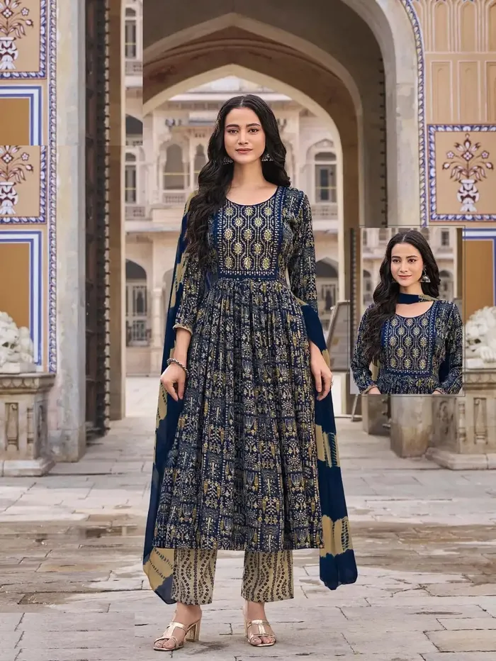 Capsule Cotton Nayra Cut Top Bottom Dupatta Set | TS3214