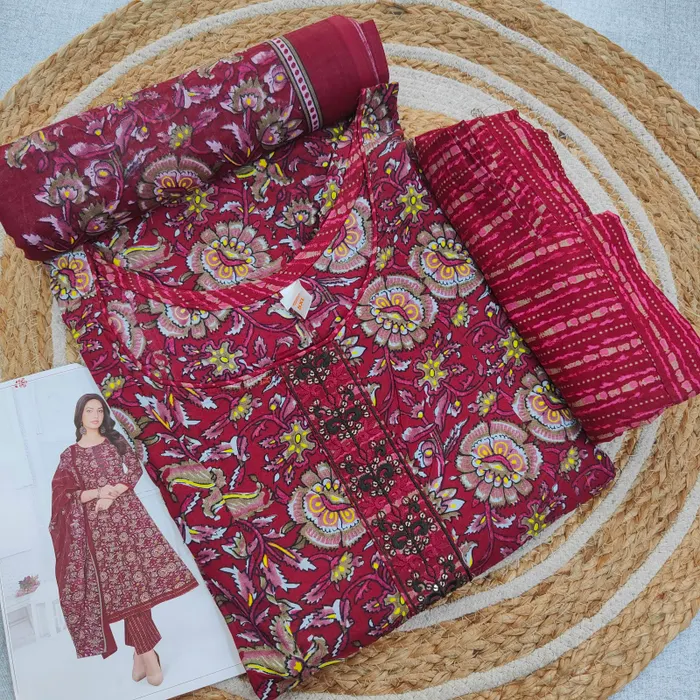 Cotton Anarkali Top Bottom Dupatta Set |TS3720