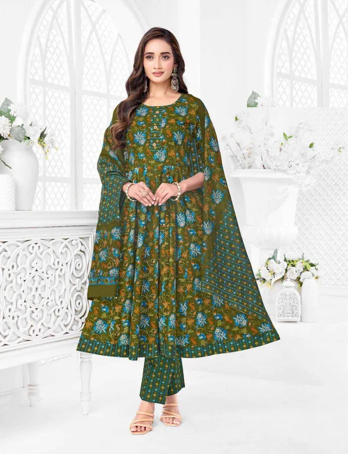 Premium Cotton Anarkali Top Bottom Dupatta Set | TS3357