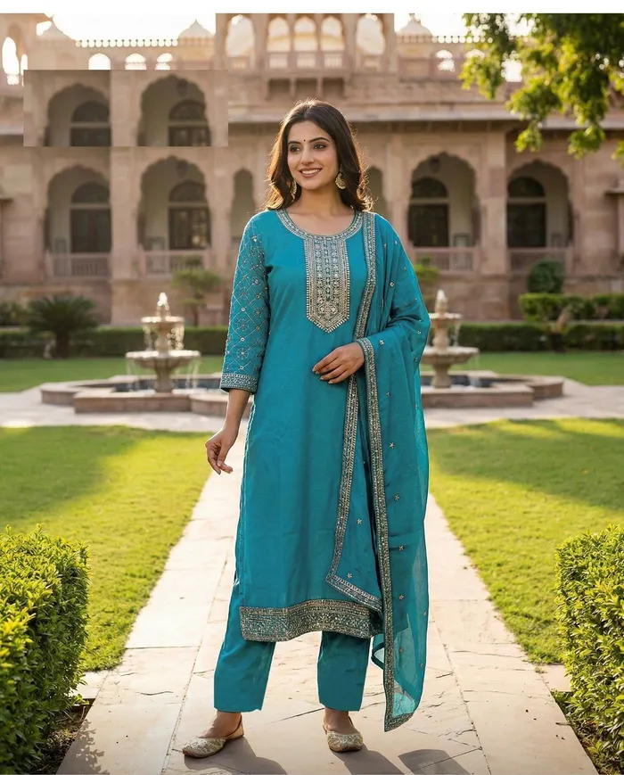 Roman Silk Straight Top Bottom Dupatta with fill sleeve work | TS3182