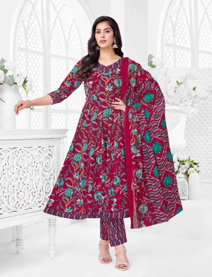 Premium Cotton Anarkali Top Bottom Dupatta Set | TS3356