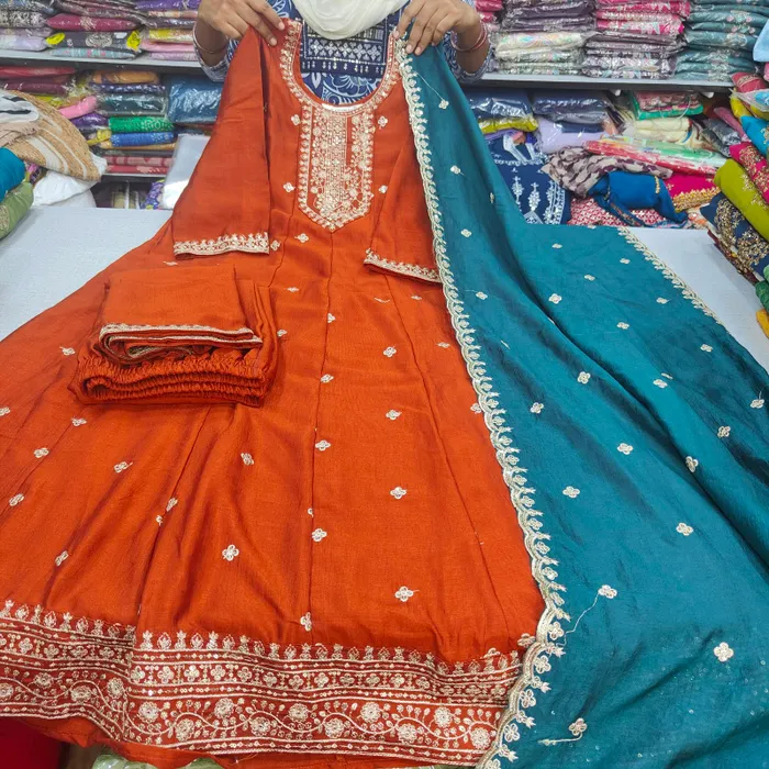 Premium Vichitra Silk Long Anarkali Top Bottom Dupatta Set | TS3744
