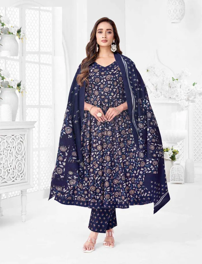 Premium Cotton Anarkali Top Bottom Dupatta Set | TS3355