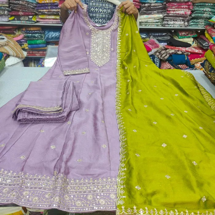 Premium Vichitra Silk Long Anarkali Top Bottom Dupatta Set | TS3740