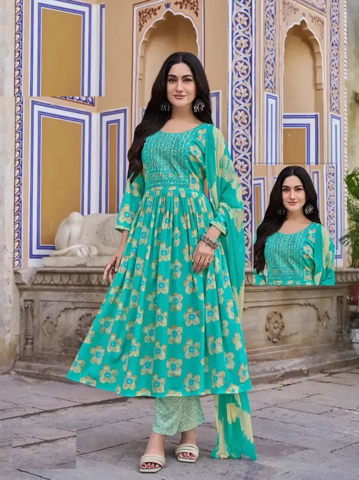 Capsule Cotton Nayra Cut Top Bottom Dupatta Set | TS3216